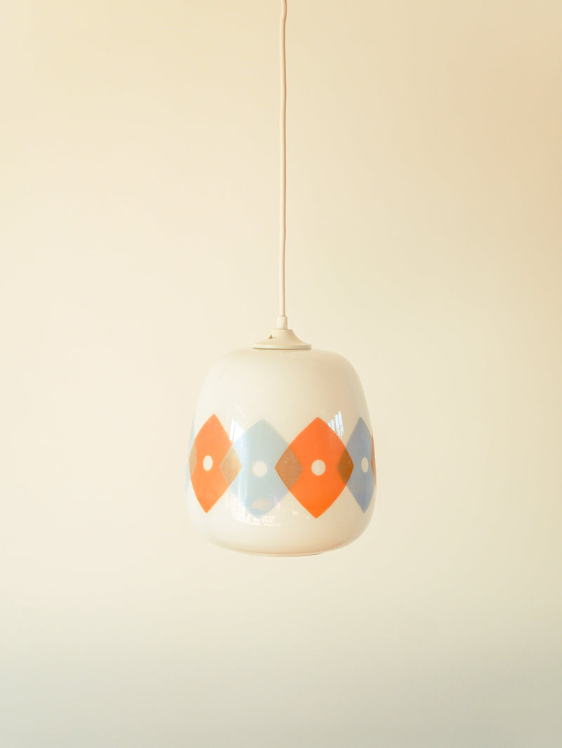 Suspension En Opaline Blanche À Motifs Géométriques Orange Et Bleu Design - 1970