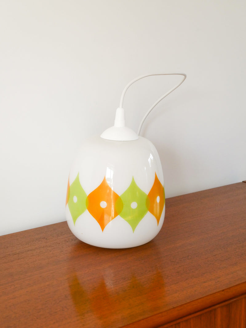 Suspension Globe En Opaline - À Motifs Psyché - Blanc - Vert Et Orange - 1970