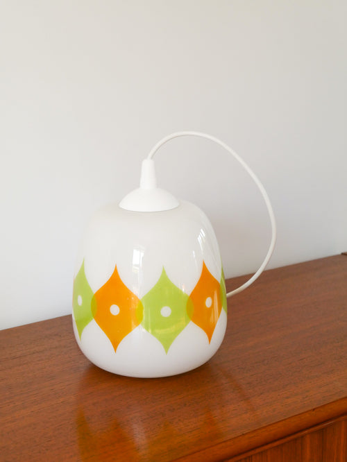 Suspension Globe En Opaline - À Motifs Psyché - Blanc - Vert Et Orange - 1970