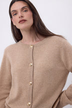 Lume Oversized Crew Neck Cardigan with Gold Buttons - Cream Beige - Women