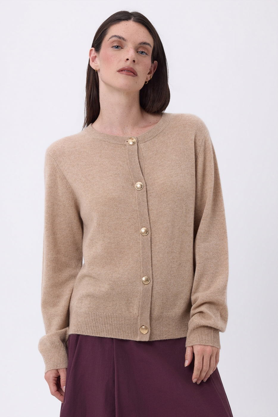 Lume Oversized Crew Neck Cardigan with Gold Buttons - Cream Beige - Women
