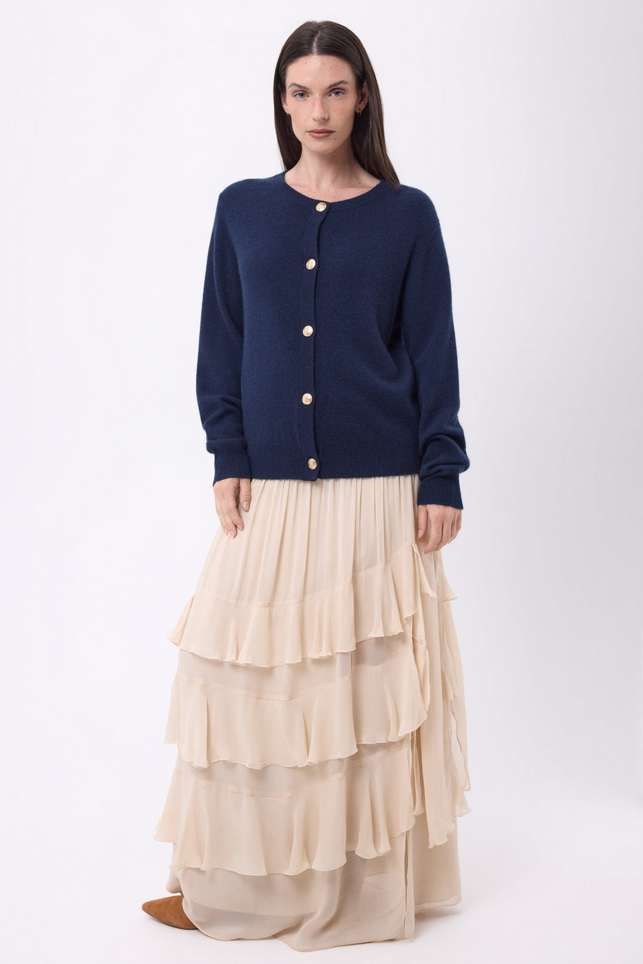 Lume Oversized Round Neck Cardigan with Gold Buttons - Navy Blue - Women