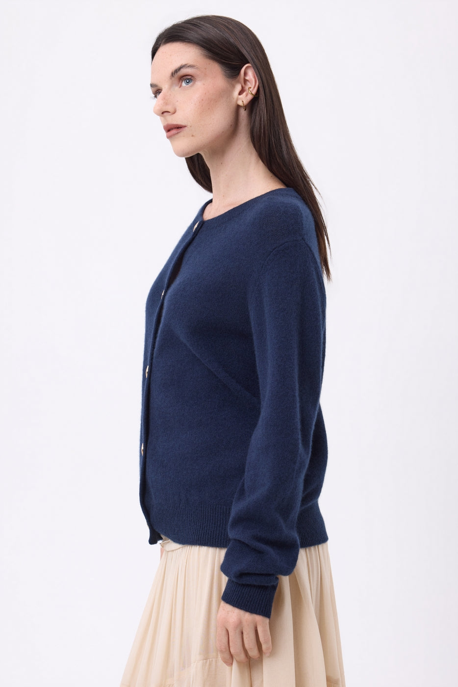 Lume Oversized Round Neck Cardigan with Gold Buttons - Navy Blue - Women