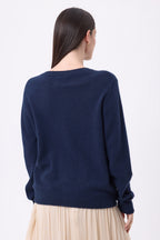 Lume Oversized Round Neck Cardigan with Gold Buttons - Navy Blue - Women