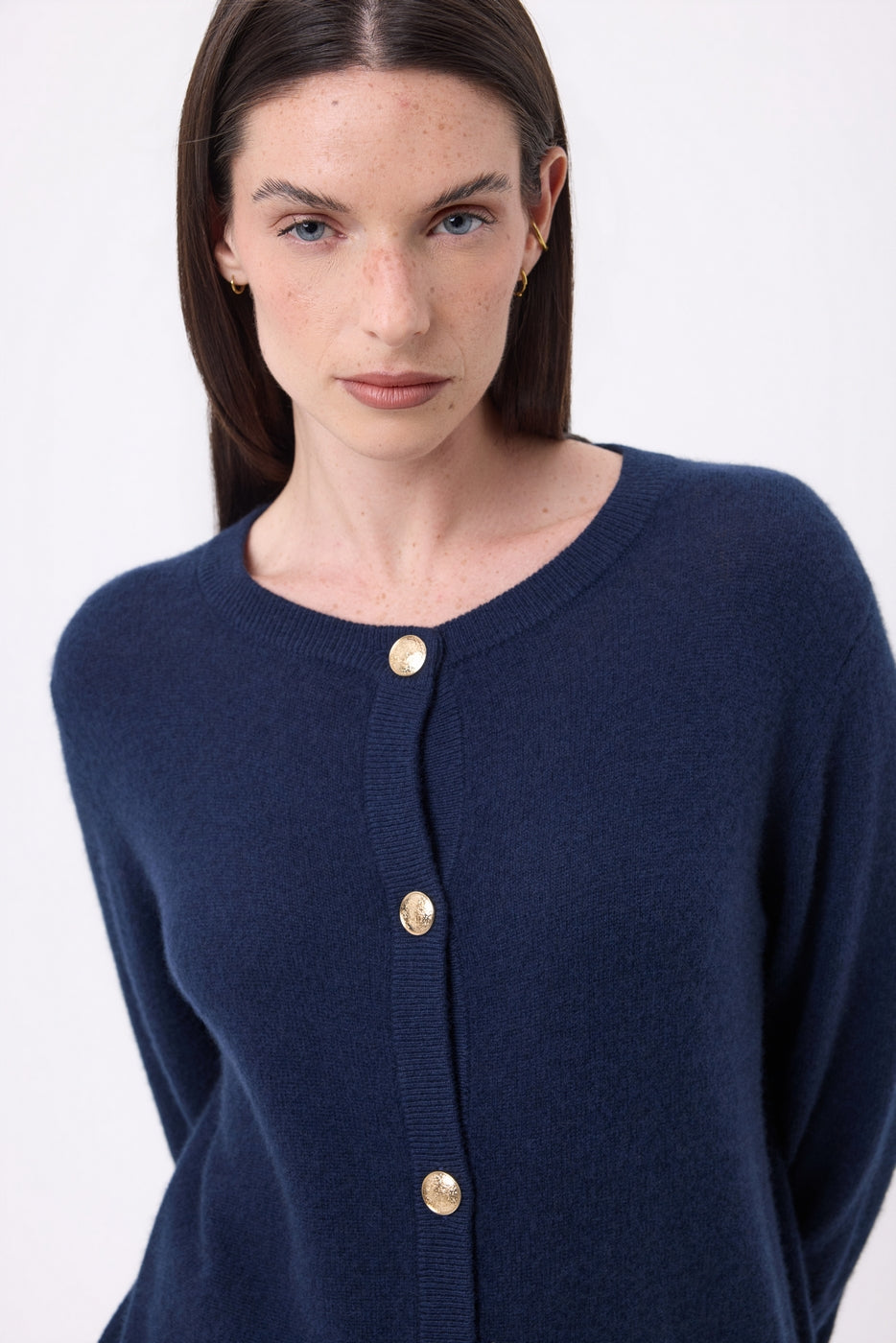 Lume Oversized Round Neck Cardigan with Gold Buttons - Navy Blue - Women