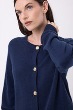 Lume Oversized Round Neck Cardigan with Gold Buttons - Navy Blue - Women
