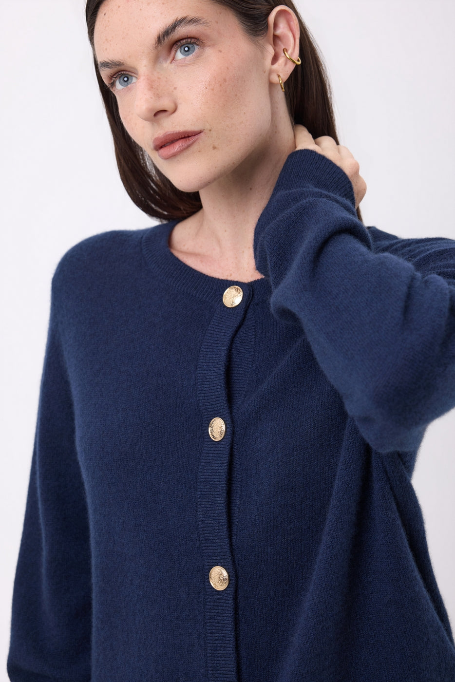 Lume Oversized Round Neck Cardigan with Gold Buttons - Navy Blue - Women