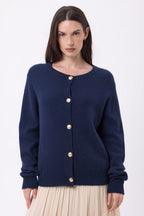 Lume Oversized Round Neck Cardigan with Gold Buttons - Navy Blue - Women