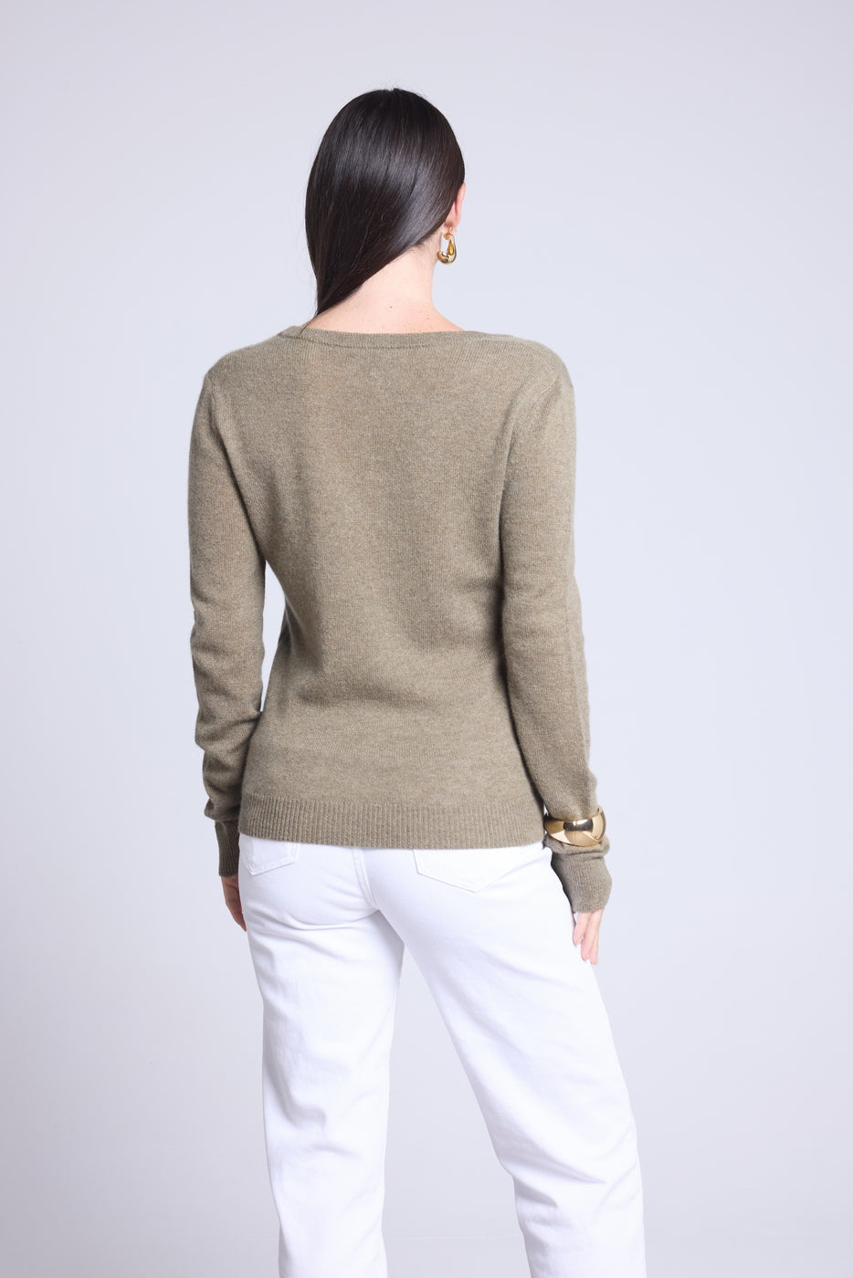 Pull Col V Luna - Vert Khaki - Femme - 100% Cachemire