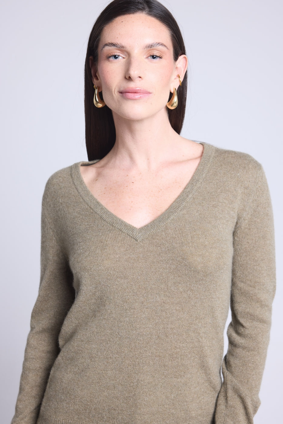 Pull Col V Luna - Vert Khaki - Femme - 100% Cachemire