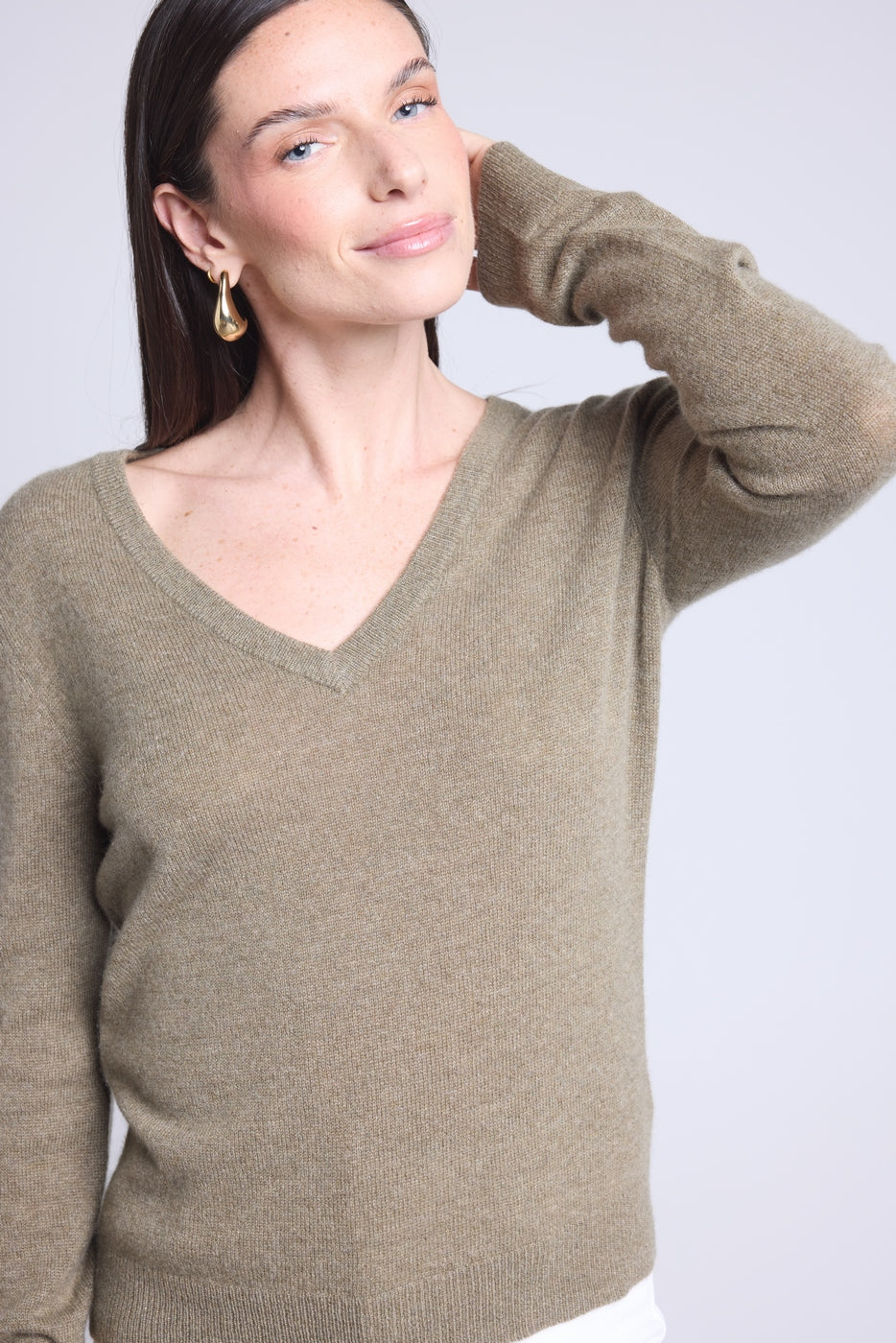 Pull Col V Luna - Vert Khaki - Femme - 100% Cachemire
