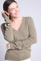 Pull Col V Luna - Vert Khaki - Femme - 100% Cachemire