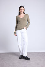Pull Col V Luna - Vert Khaki - Femme - 100% Cachemire