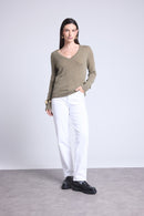 Pull Col V Luna - Vert Khaki - Femme