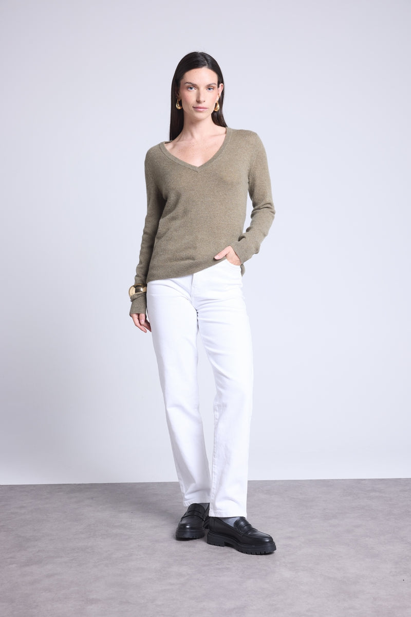 Pull Col V Luna - Vert Khaki - Femme