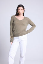 Pull Col V Luna - Vert Khaki - Femme - 100% Cachemire