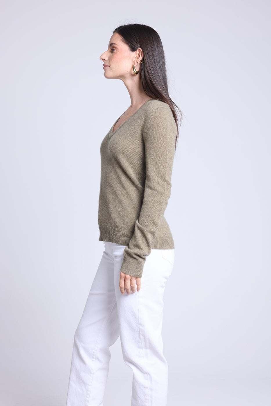 Pull Col V Luna - Vert Khaki - Femme - 100% Cachemire