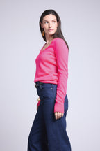 Jersey de cuello en V Luna - Rosa flúor - Mujer