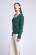 Pull Col V Luna - Vert Bouteille - Femme