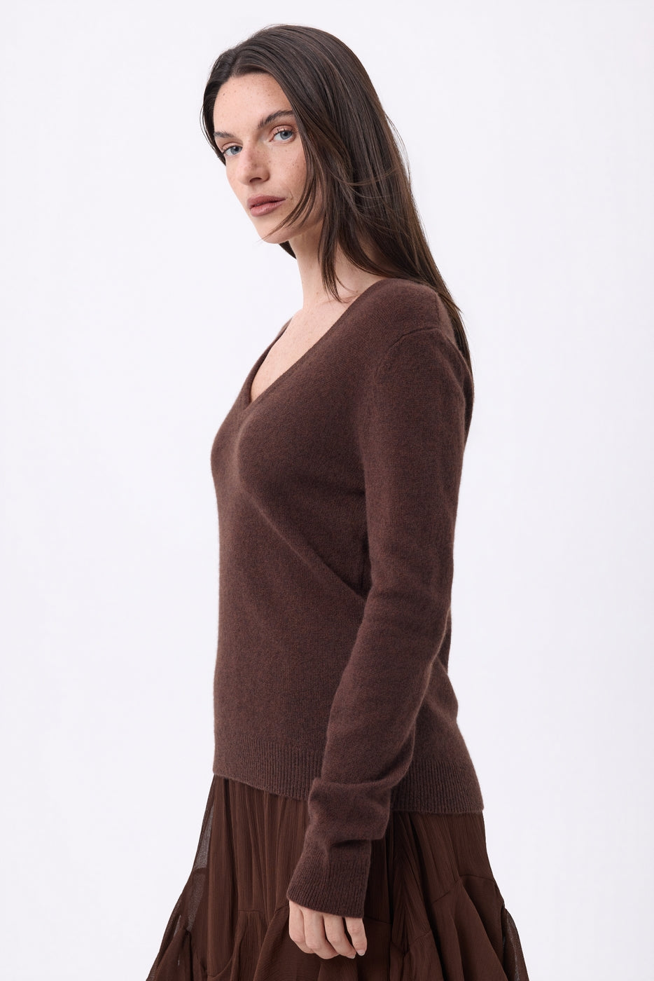 Pull Col V Luna - Marron Chocolat - Femme