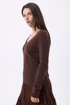 Pull Col V Luna - Marron Chocolat - Femme