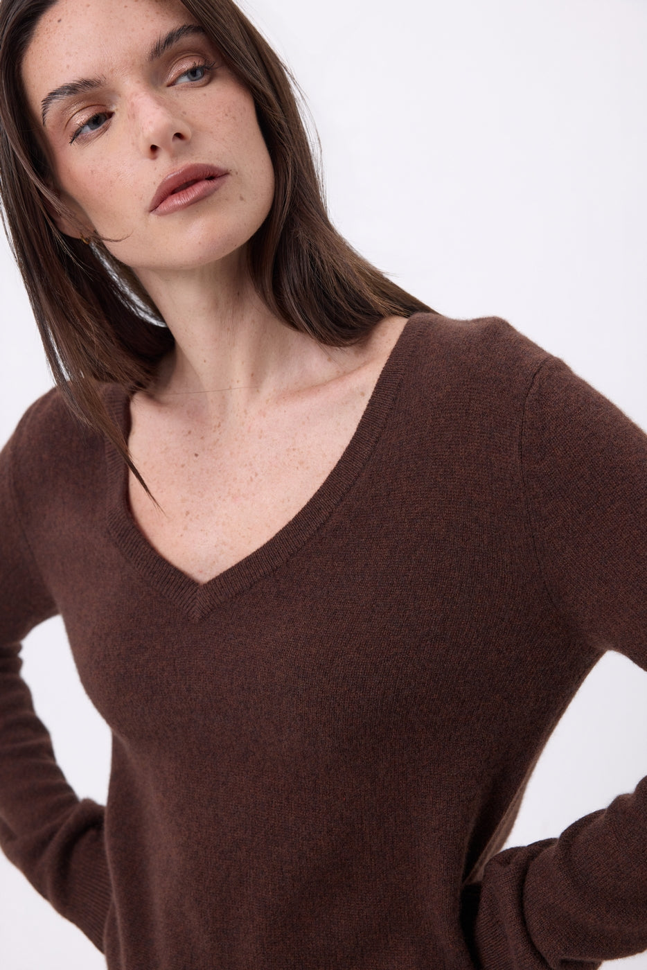Pull Col V Luna - Marron Chocolat - Femme