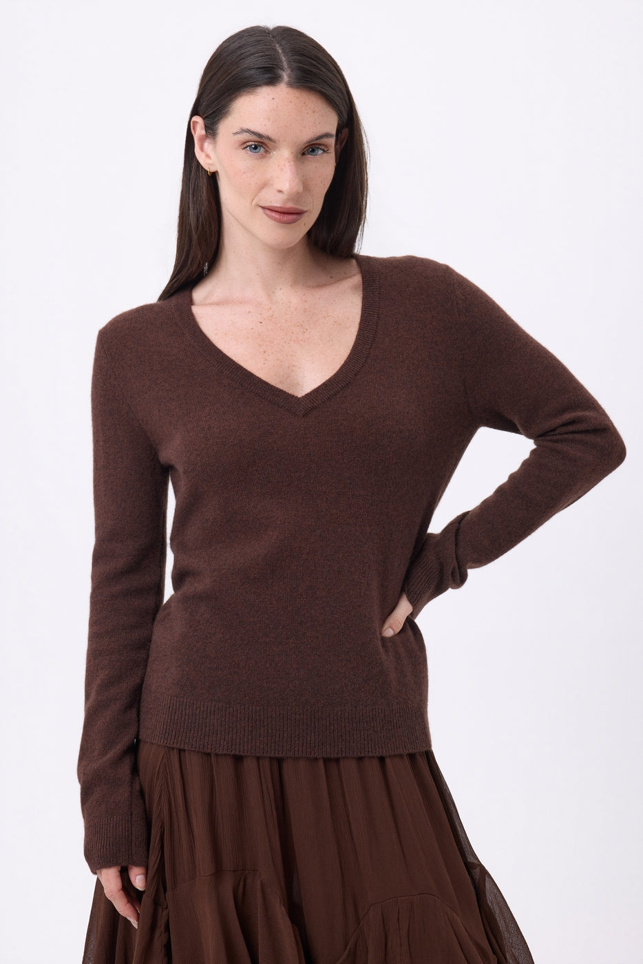 Pull Col V Luna - Marron Chocolat - Femme