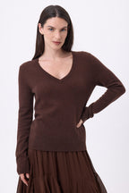 Pull Col V Luna - Marron Chocolat - Femme