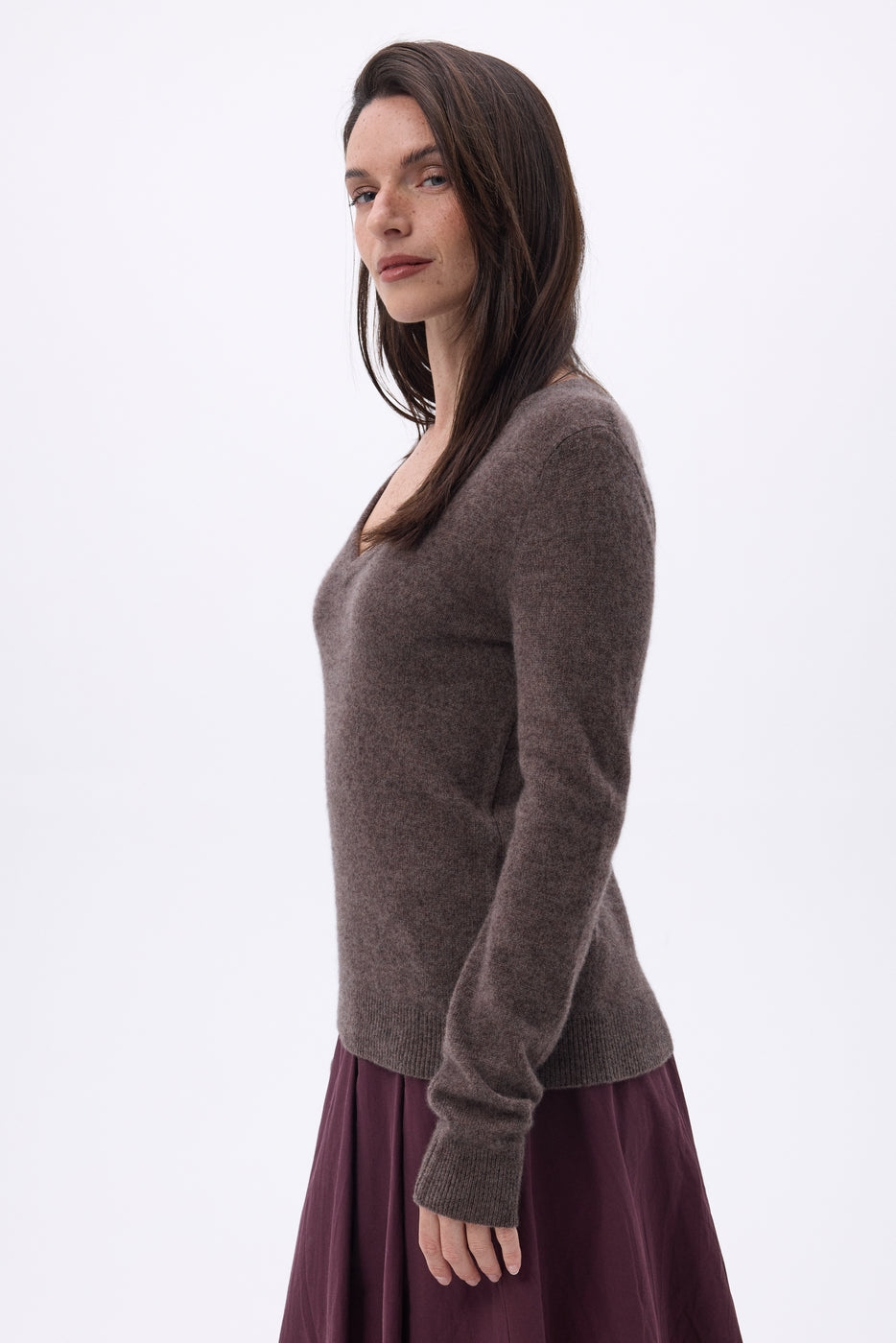 Jersey de cuello en V Luna - Marrón mezclado - Mujer
