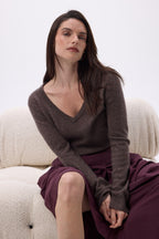 Jersey de cuello en V Luna - Marrón mezclado - Mujer