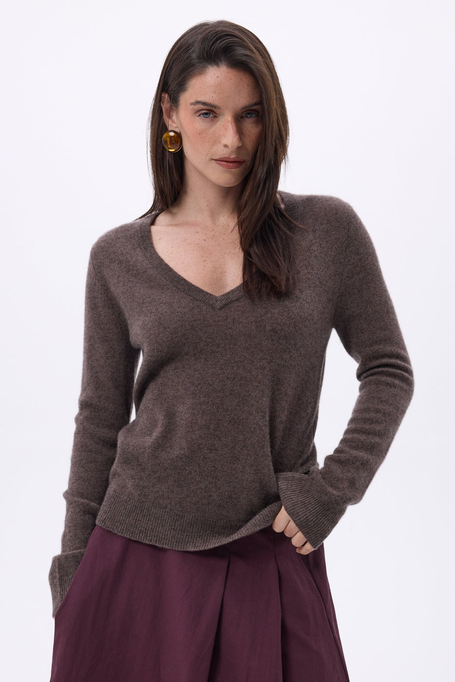 Jersey de cuello en V Luna - Marrón mezclado - Mujer