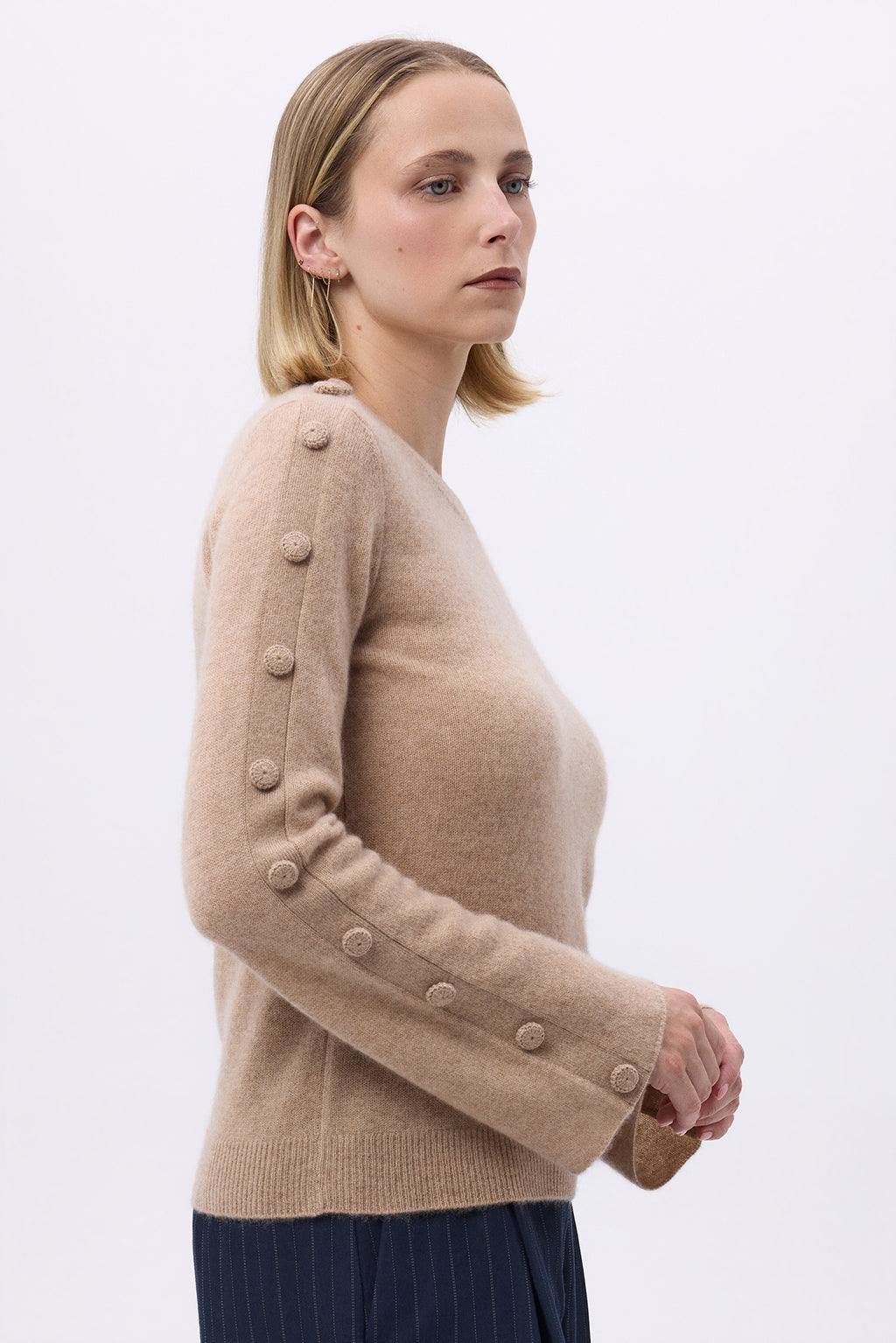 Pull Col Rond Manches Evasés Boutons F Lys - Beige Crème - Femme