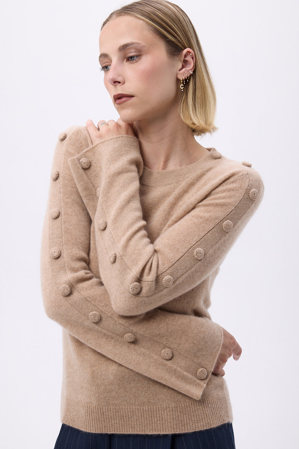 Pull Col Rond Manches Evasés Boutons F Lys - Beige Crème - Femme