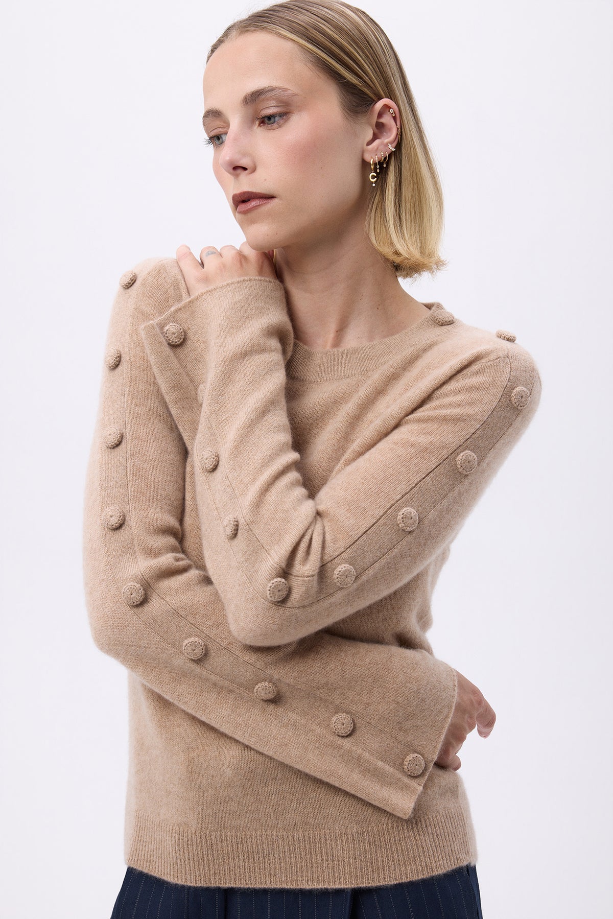Pull Col Rond Manches Evasés Boutons F Lys - Beige Crème - Femme