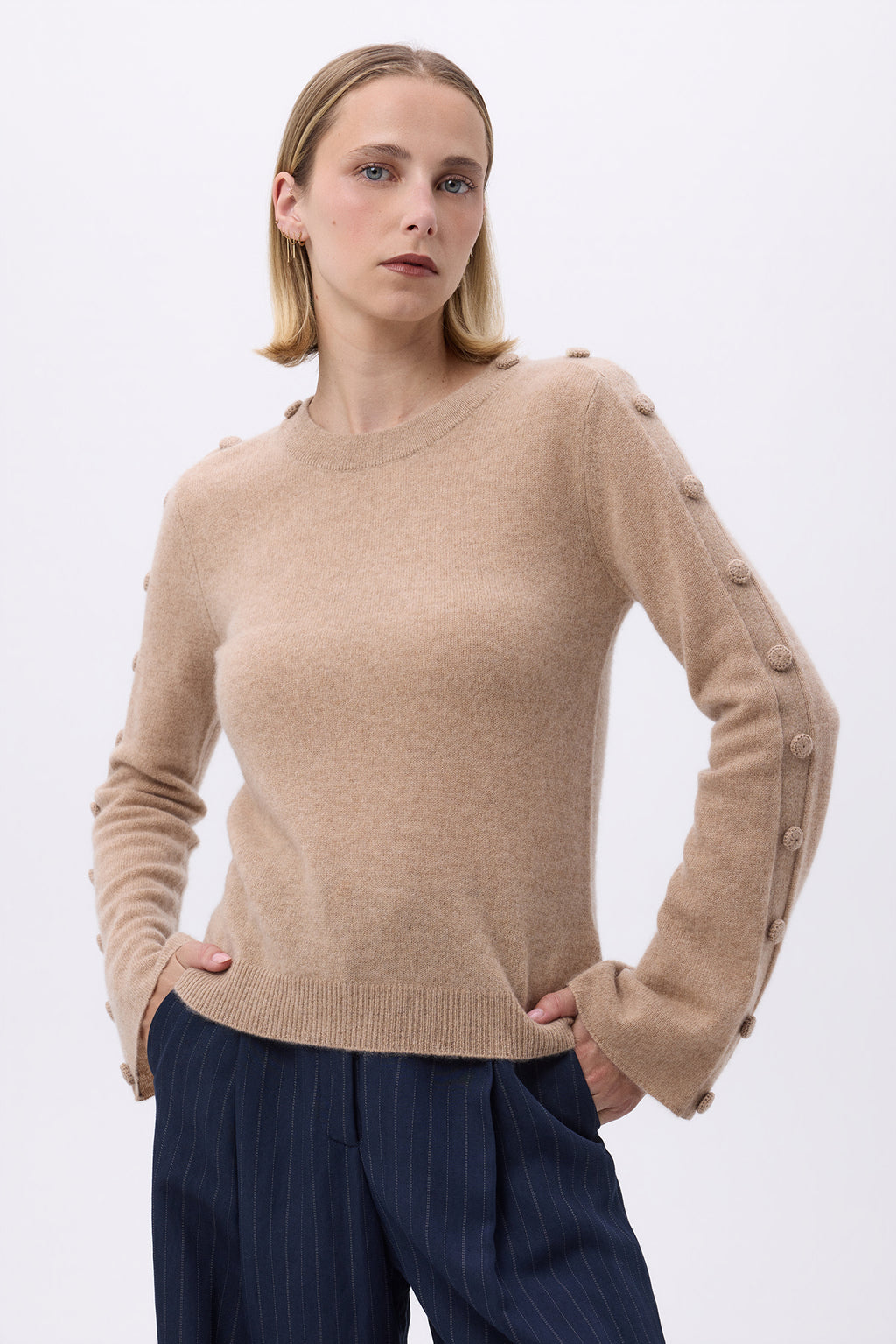 Pull Col Rond Manches Evasés Boutons F Lys - Beige Crème - Femme