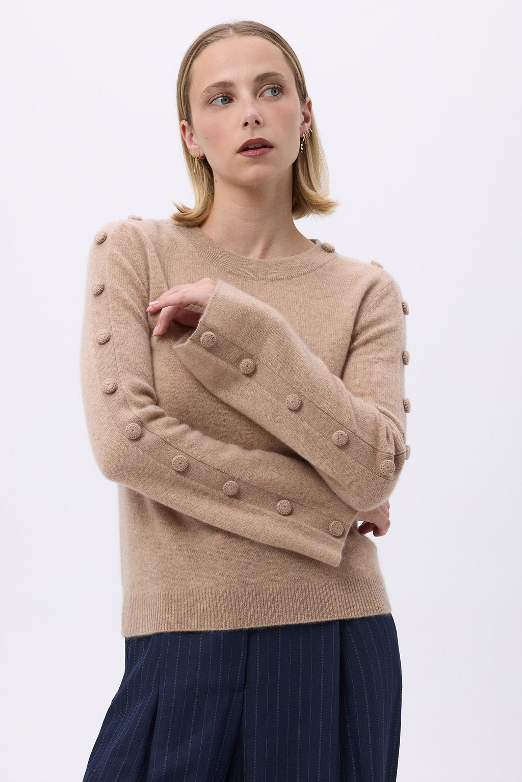 Pull Col Rond Manches Evasés Boutons F Lys - Beige Crème - Femme