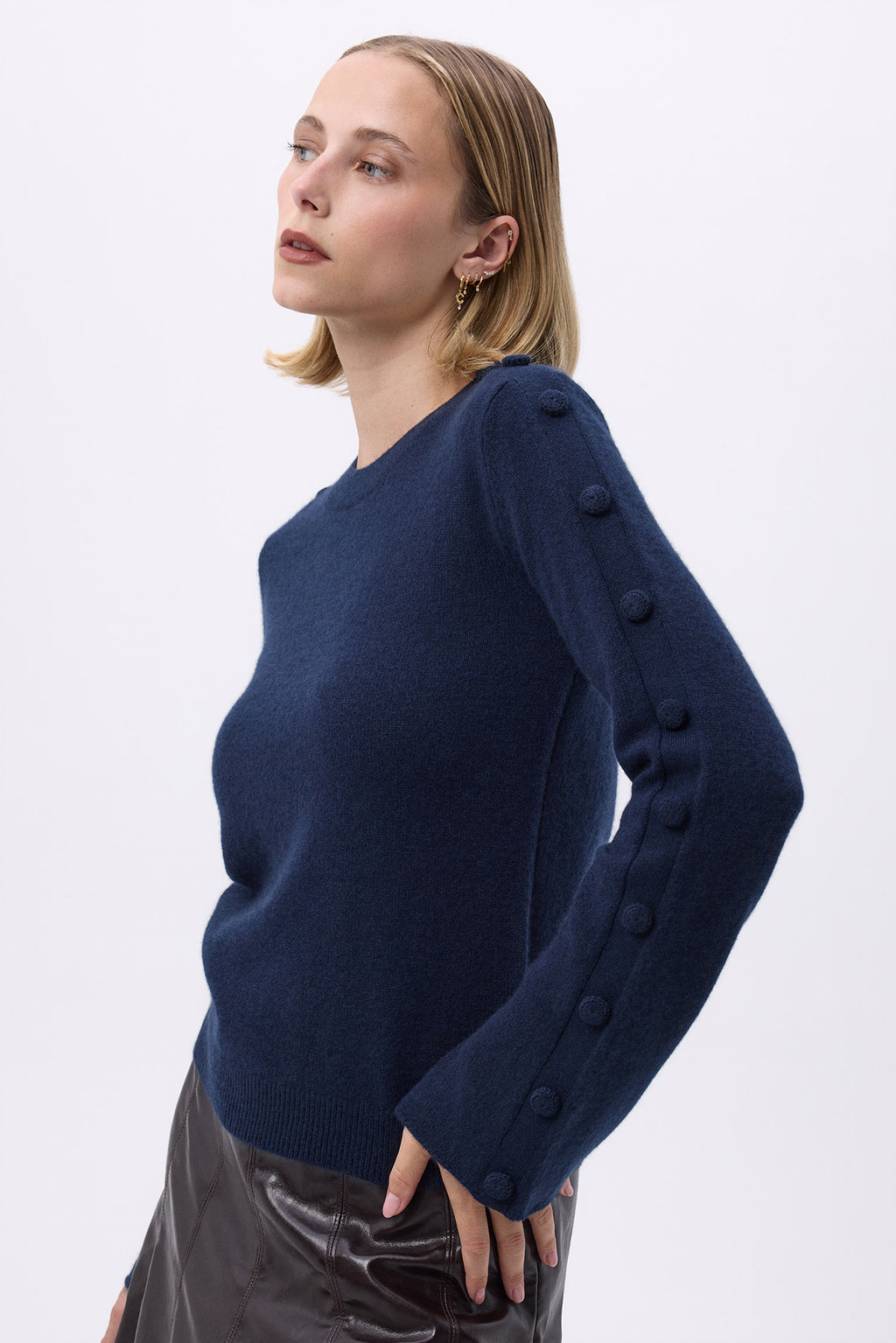 Pull Col Rond Hommeches Evasés Boutons F Lys - Bleu Marine - Femme