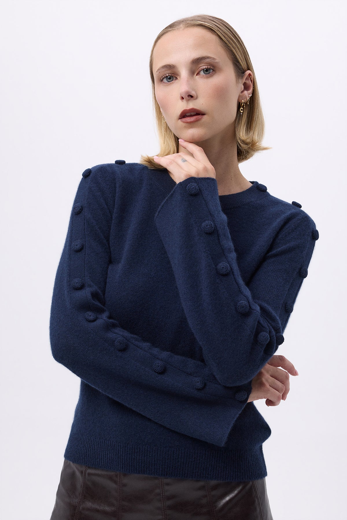 Pull Col Rond Hommeches Evasés Boutons F Lys - Bleu Marine - Femme