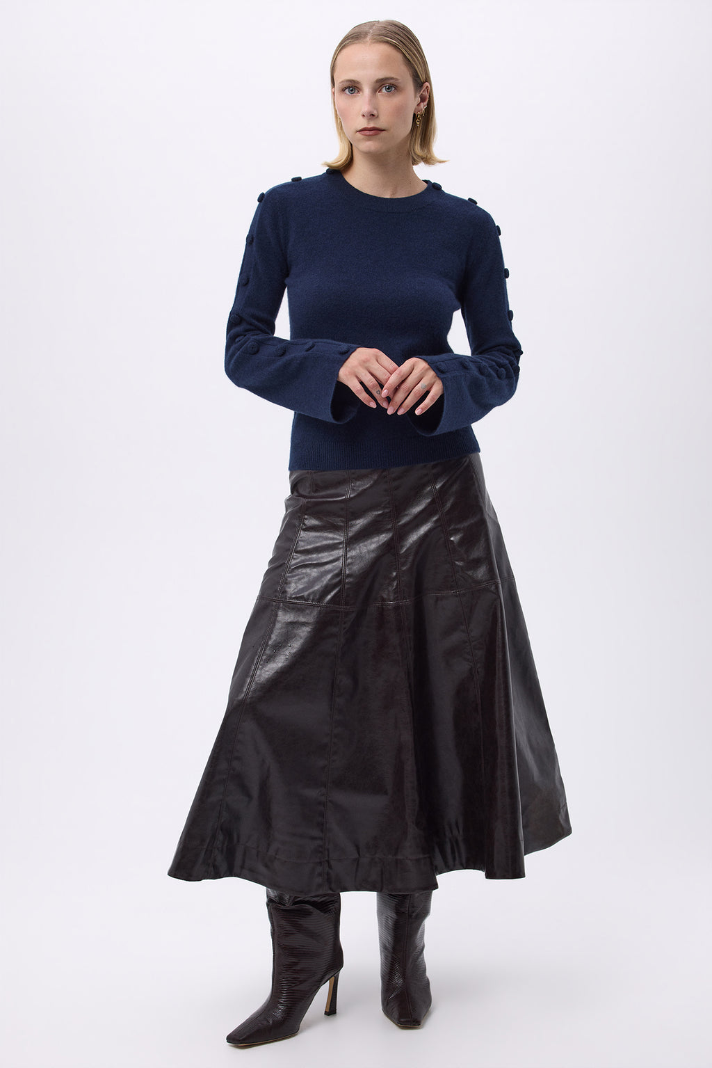 Pull Col Rond Hommeches Evasés Boutons F Lys - Bleu Marine - Femme