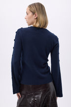 Pull Col Rond Hommeches Evasés Boutons F Lys - Bleu Marine - Femme