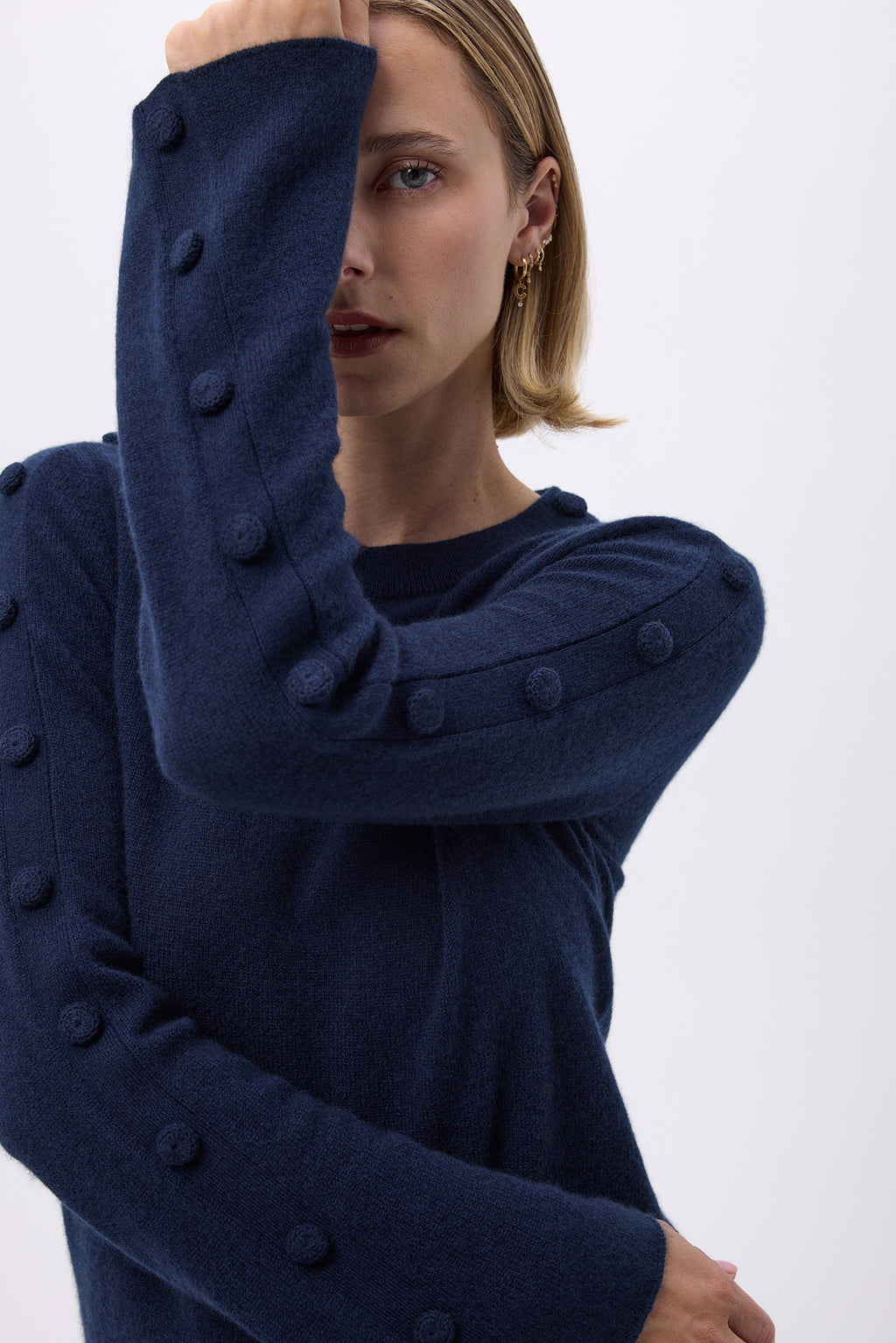Pull Col Rond Hommeches Evasés Boutons F Lys - Bleu Marine - Femme