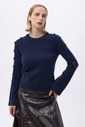 Pull Col Rond Hommeches Evasés Boutons F Lys - Bleu Marine - Femme