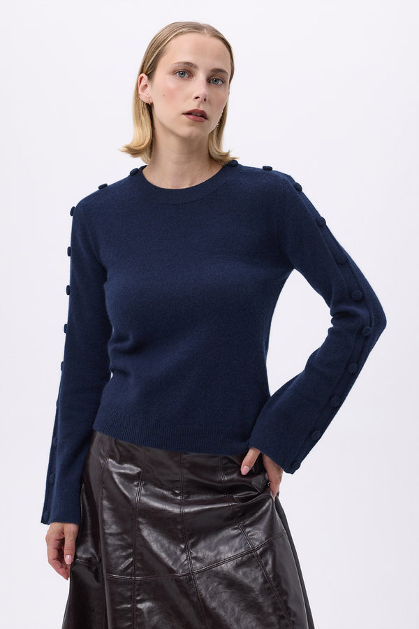 Pull Col Rond Hommeches Evasés Boutons F Lys - Bleu Marine - Femme