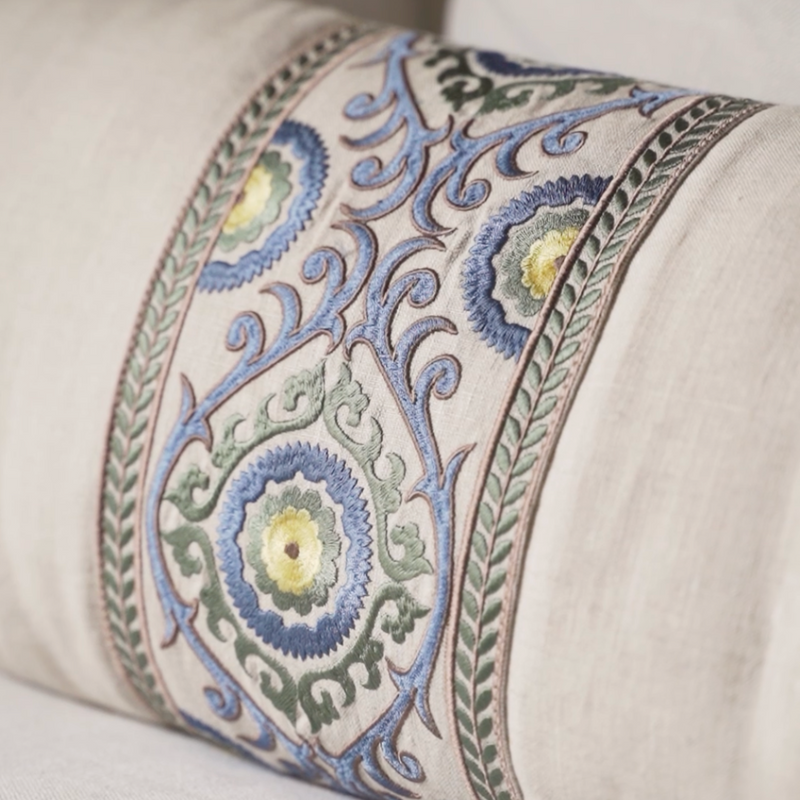 Cushion - Sky Cocoon - Natural Linen - Suzani Celestial Blue