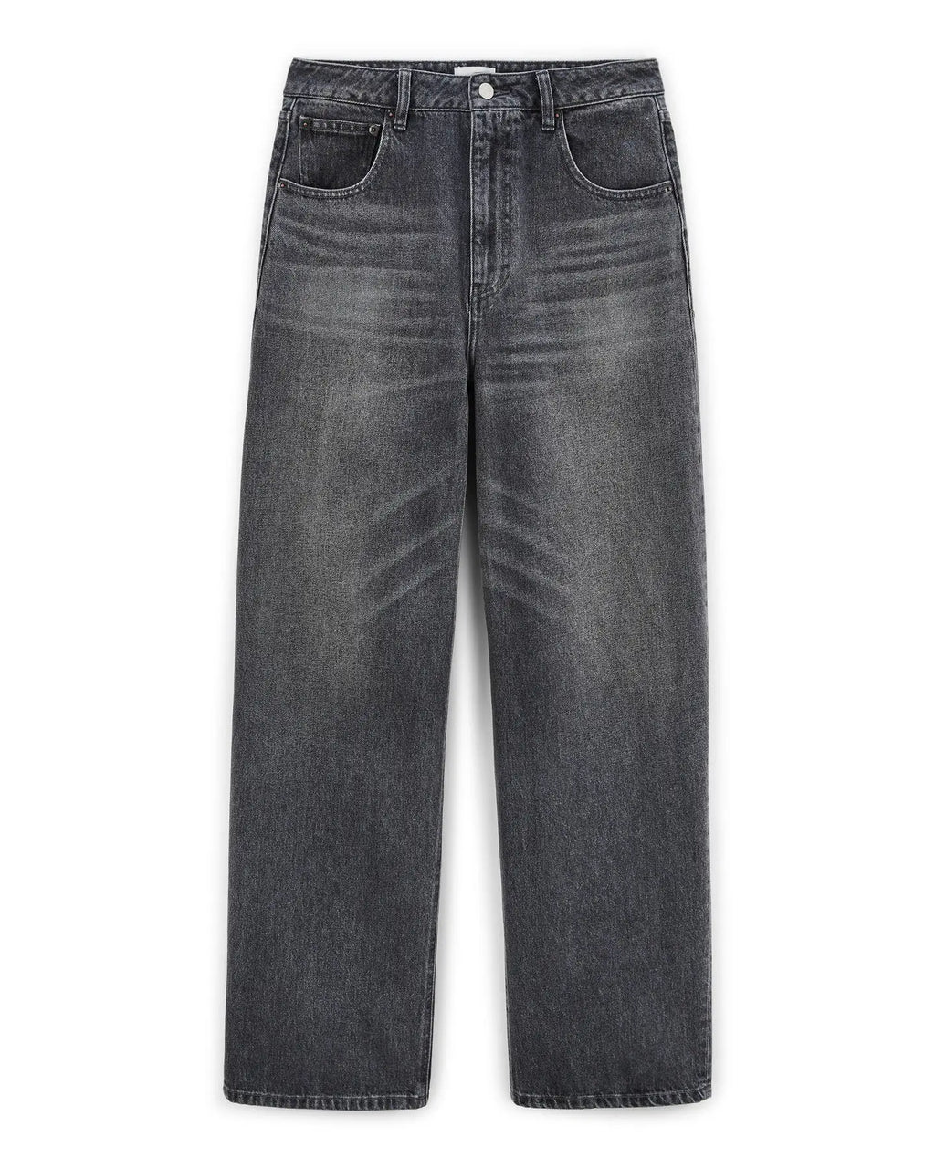 Jean large en denim gris moyen 100% coton avec coupe droite et taille moyenne, offrant un confort adapté à toutes les morphologies féminines.