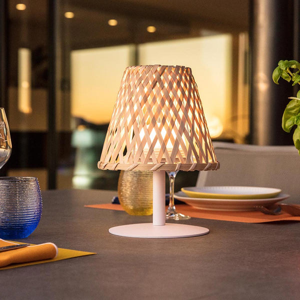 Wireless table lamp natural bamboo warm white/white dimmable LED IBIZA H26cm - REDDECO.com