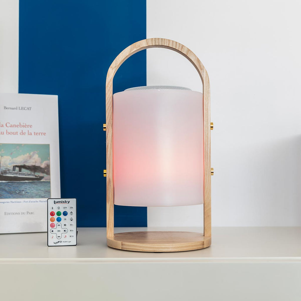 Lampe enceinte bluetooth sans fil poignée bois LED blanc/multicolore dimmable WOODY PLAY H37cm avec télécommande - REDDECO.com
