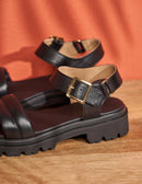 Lara Flat Sandals - Black Leather