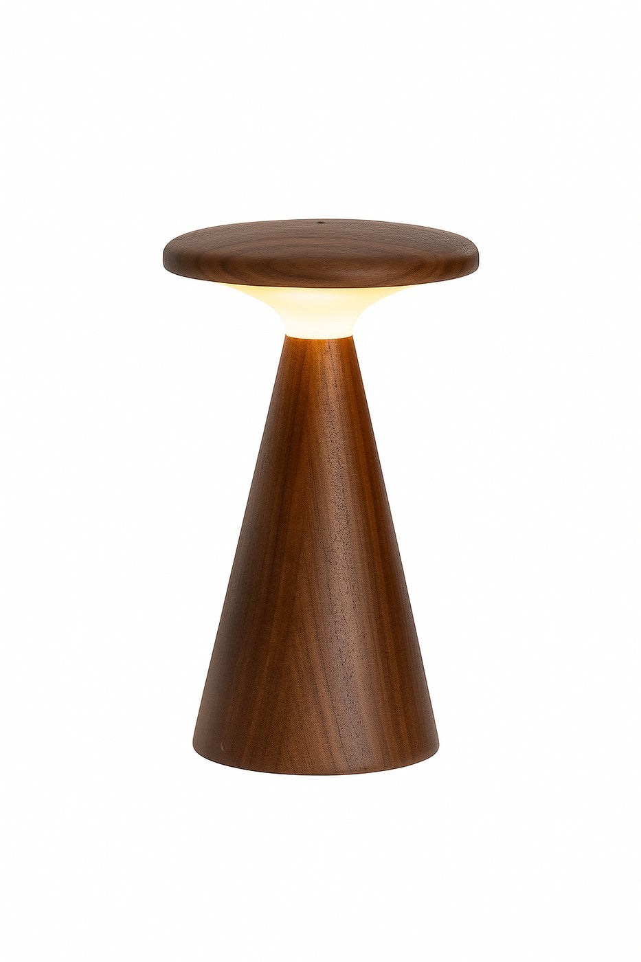 Gingko Design – Sylva Tischleuchte - Walnuss - 2 Größen, Tischleuchte aus dunklem Holz mit weißem leuchtendem Lampenschirm, Vorderansicht