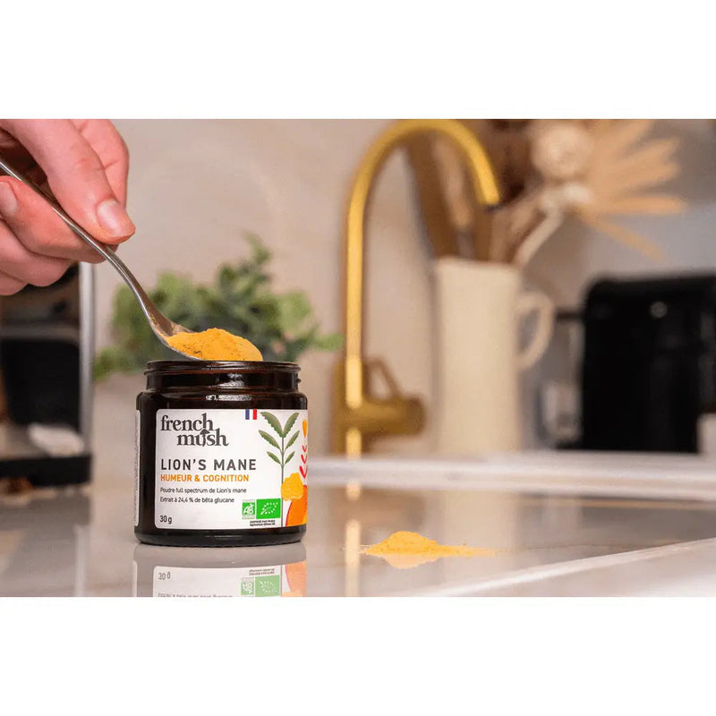 French Mush compléments alimentaires à base d'extraits de champignons médicinaux biologiques fabriqués en France Le Lion’s Mane Bio - poudre -